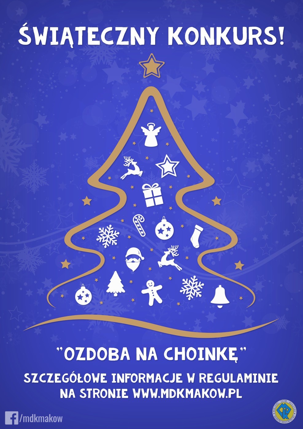 Grafika konkursu świątecznego ozdoba na choinkę. Na niebieskim tle ze śnieżynkami na środku zarys choinki i osób. 