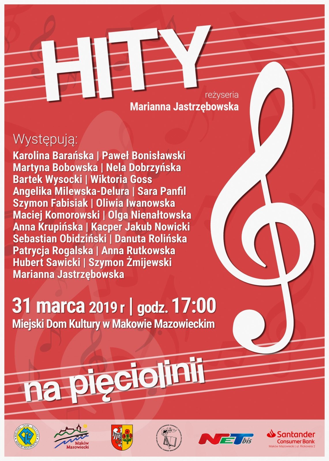 Plakat. Koncert pod tytułem "Hity na pięciolini". 31 marca 2019 godzina 17:00. Na czerwonym plakacie znajduje się biały klucz wiolynowy.