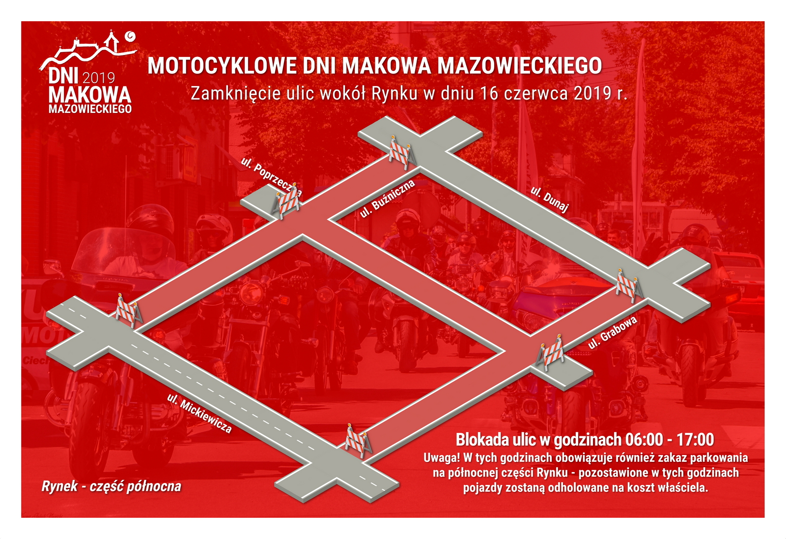 Informacja. Motocyklowe dni Makowa Mazowieckiego. Zamknięcie ulic w okół Rynku w dniu 16 czerwca