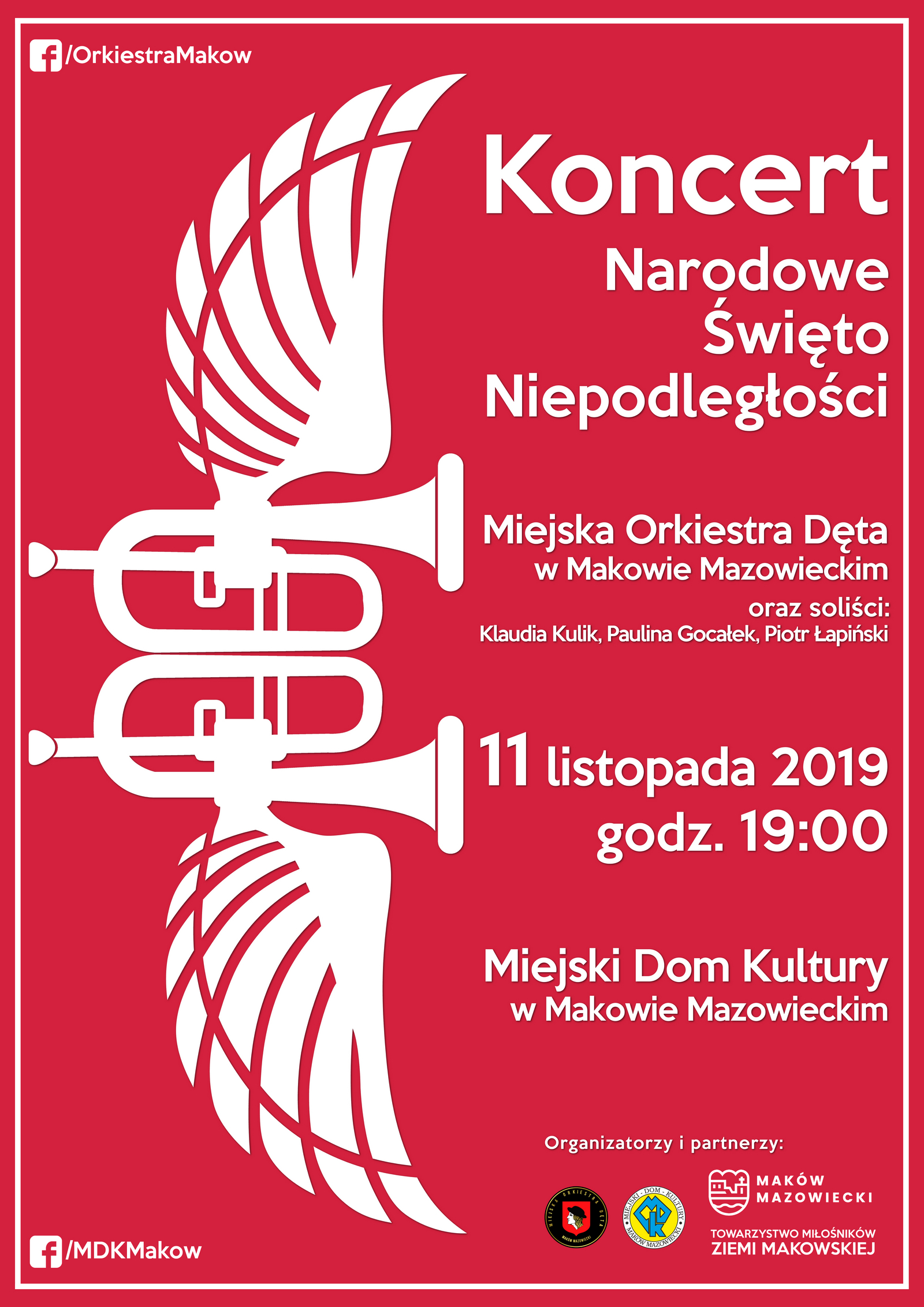 Plakat. Koncert Narodowe Święto Niepodległości. 11 listopada 2019 godzina 19:00