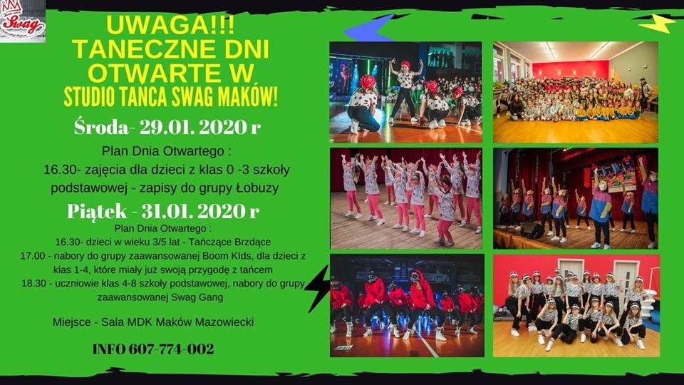 Plakat. Na zielonym tle znajdują się zdjęcia tańcerzy. Taneczne dni otwarte. 29 stycznia godzina 16:30. 31 stycznia 16:30, 17:00 i 18:30