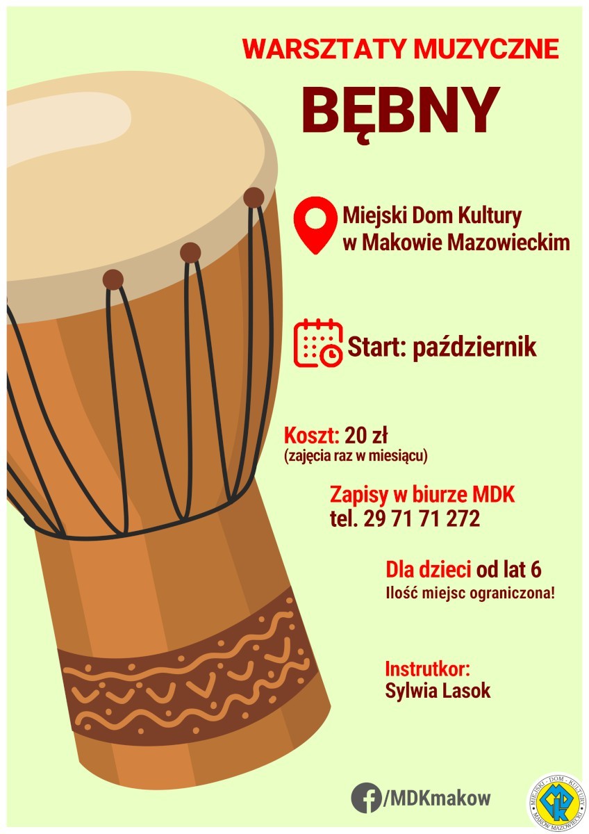 Plakat informujący o zapisach na warsztaty muzyczne, nauka gra na bębnach.