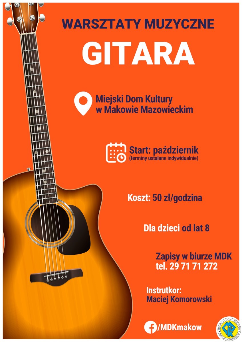 Plakat informujący o zapisach na warsztaty muzyczne, nauka gry na gitarze.