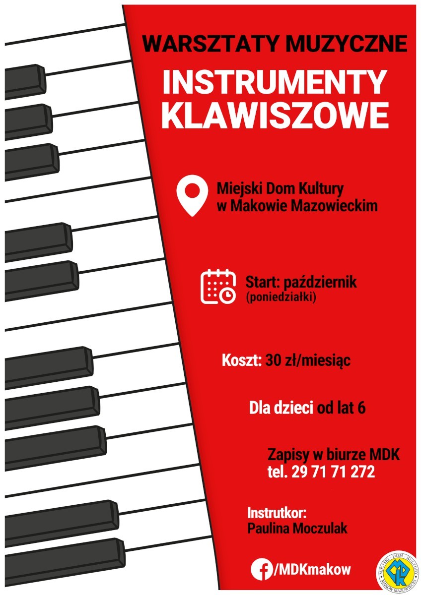 Plakat informujący o zapisach na warsztaty muzyczne, nauka gry na instrumentach klawiszowych.