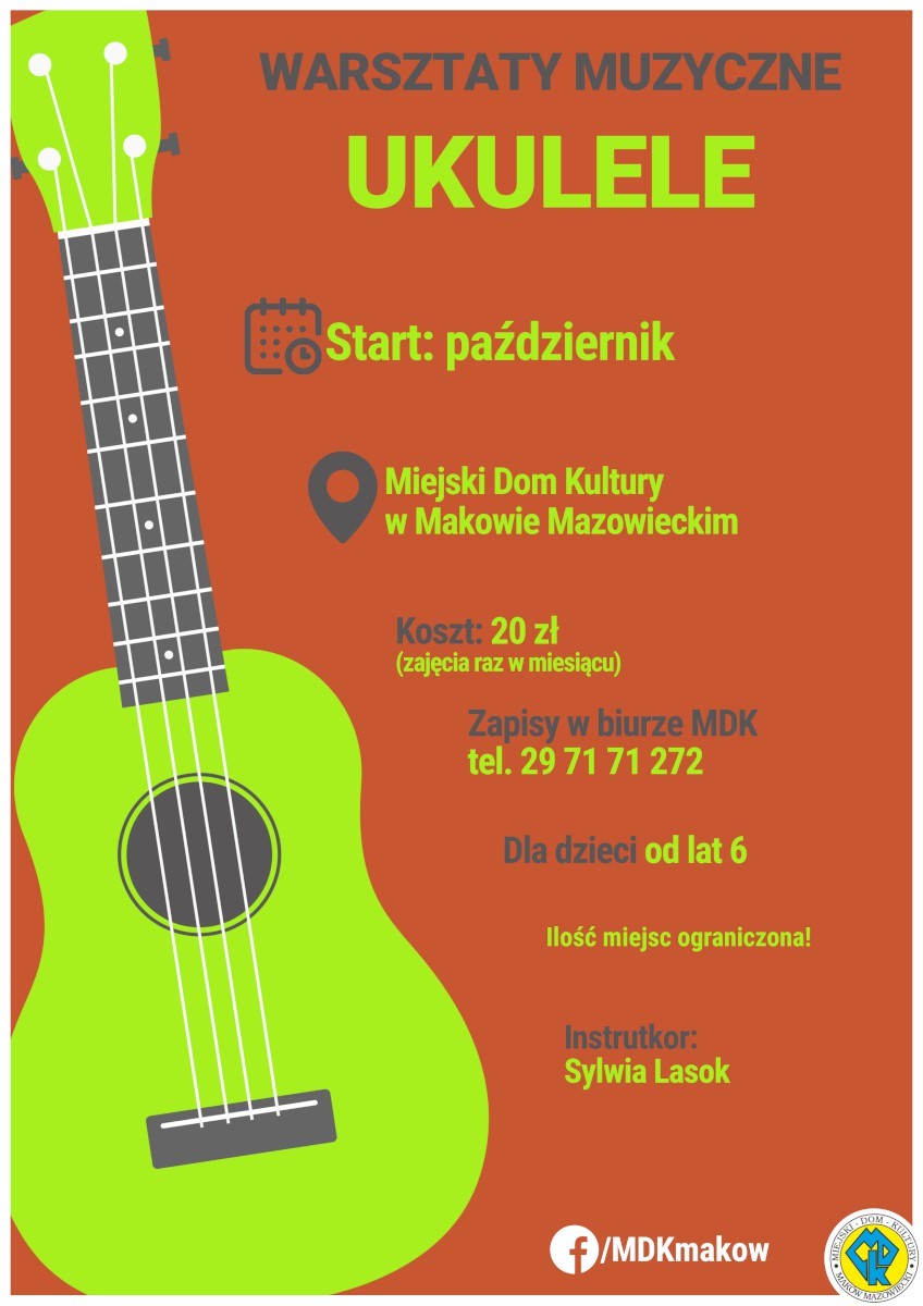 Plakat informującyc o zapisach na warsztaty muzyczne, nauka gry na ukulele.
