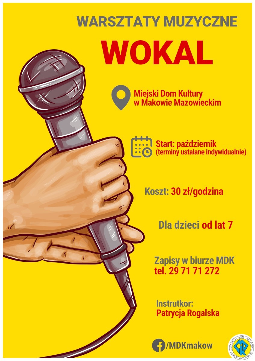 Plakat informujący o zapisach na warsztaty muzyczne, wokalne.