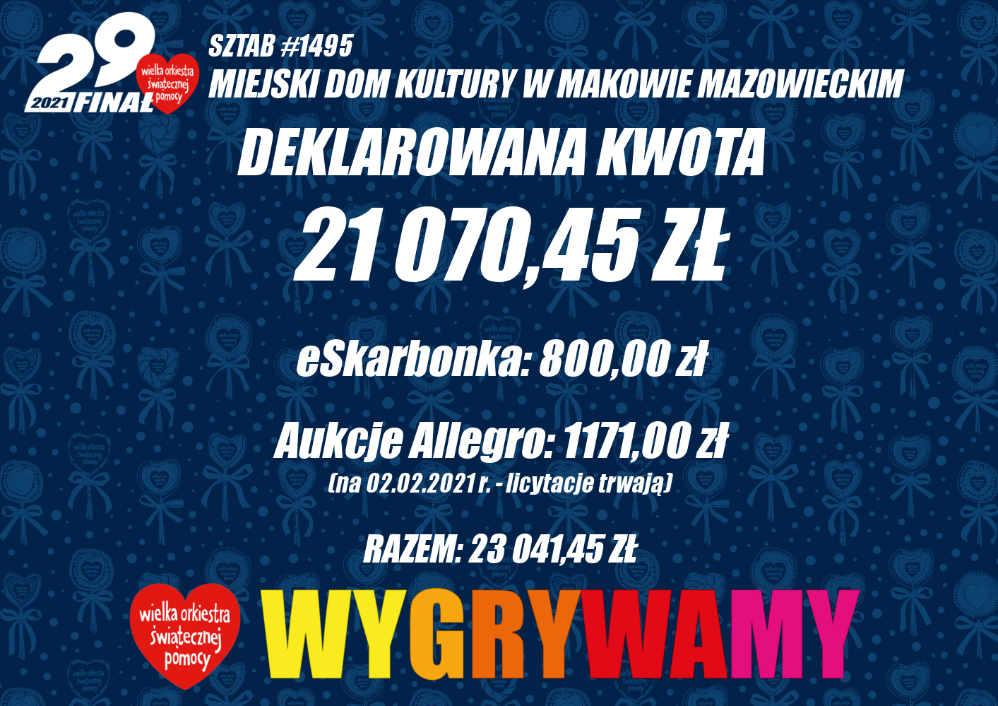 Grafika. Na niebieskim tle z rysunkami lizaków z serduszkami WOŚP informacja o deklarowanej kwocie zebranej przez sztab MDK podcas 29. Finału WOŚP w Makowie Mazowieckim. 