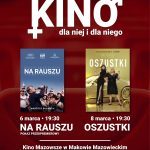 Grafika. Plakatu Kino dla niej i dla niego. Na bordowym tle znajdują się dwa plakaty filmowe. Na rauszu i Oszustki. Oraz data i godzina seansu.