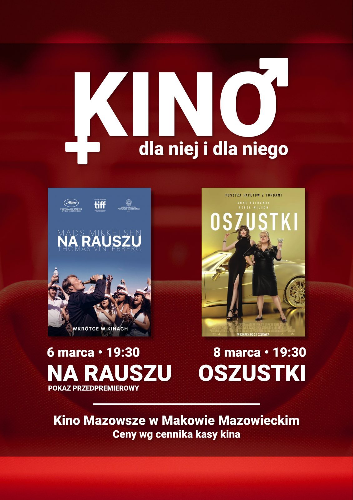 Grafika. Na czerwonym tle dwa plakaty filmowe Na Rauszu i Oszustki. Na górze napis Kino dla niej i dla niego i informacja kiedy odbędą się seanse w Kinie.  