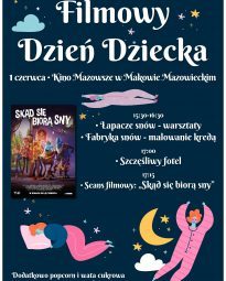 Plakat. Filmowy Dzień Dziecka. Od 15:30 do 16:30 Łapacze snów warsztaty oraz Fabryka snów malowanie kredą. 17:00 Szczęśliwy fotel. 17:15 Seans filmu Skąd się biorą sny. Dodatkowo popcorn i wata cukrowa. Bilety według cennika kina