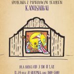 Plakat. Bajeczki ze skrzyneczki spotkanie z papierowym teatrem KAMISHIBAI. Dla dzieci od 3 do 11 lat. 17, 24 orazr 31 sierpnia godzina 11:00-13:00