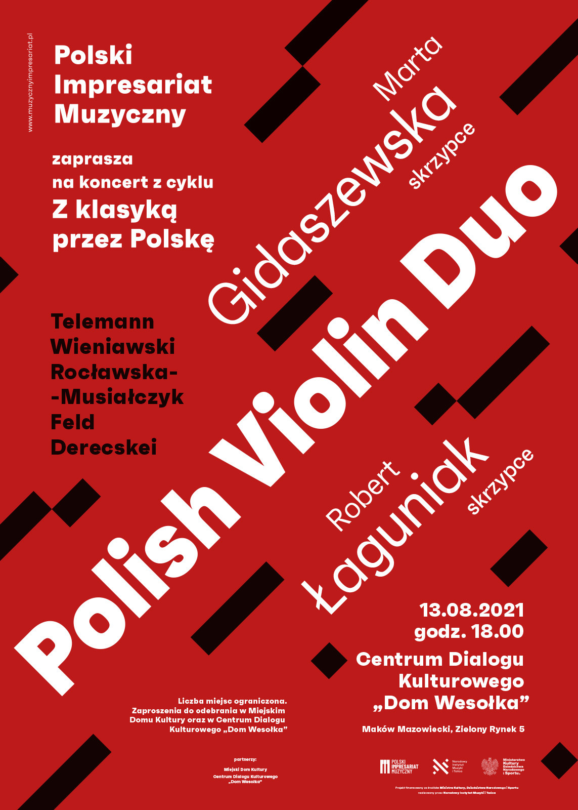 Plakat. Polish Violin Duo. 13 sierpnia godzina 18:00. Miejsce Centrum Dialogu Kulturowego Dom Wesołka