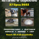 Plakat wycieczki na farmę do Ciepielewa. Wycieczka odbędzie się 27 lipca2022 roku. Koszt wyjazdu to 40 złotych. Zapisy do 21 lipca w biurze MDK.