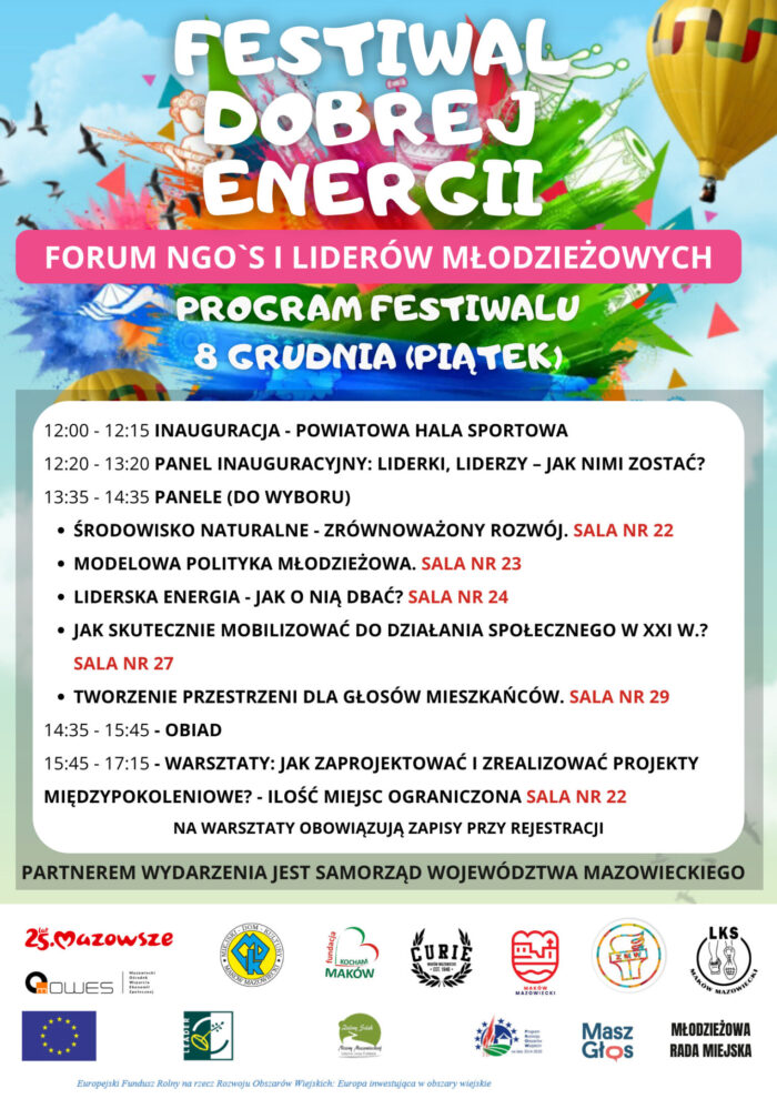 Plakat Festiwalu Dobrejj Energii - Forum organizacji pozarządowych i liderów młodziezowych 8 grudnia 2023