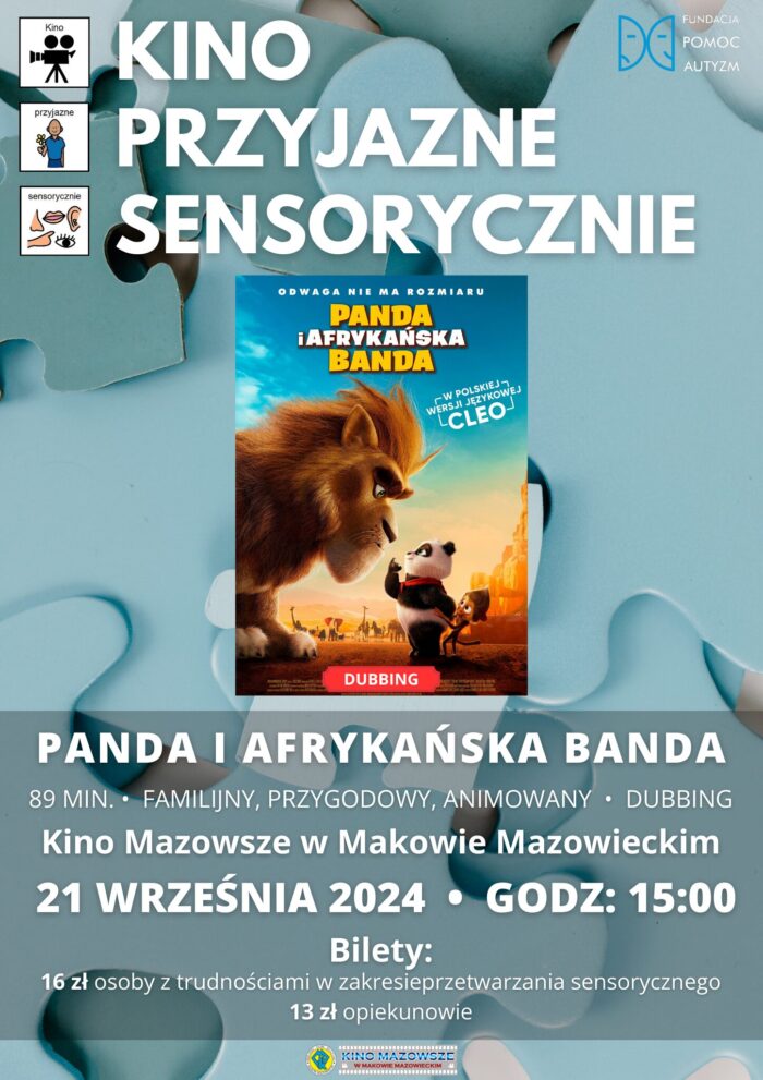 Plakat filmu pod tytułem PANDA I AFRYKAŃSKA BANDA w ramach cyklu Kino Przyjazne Sensorycznie