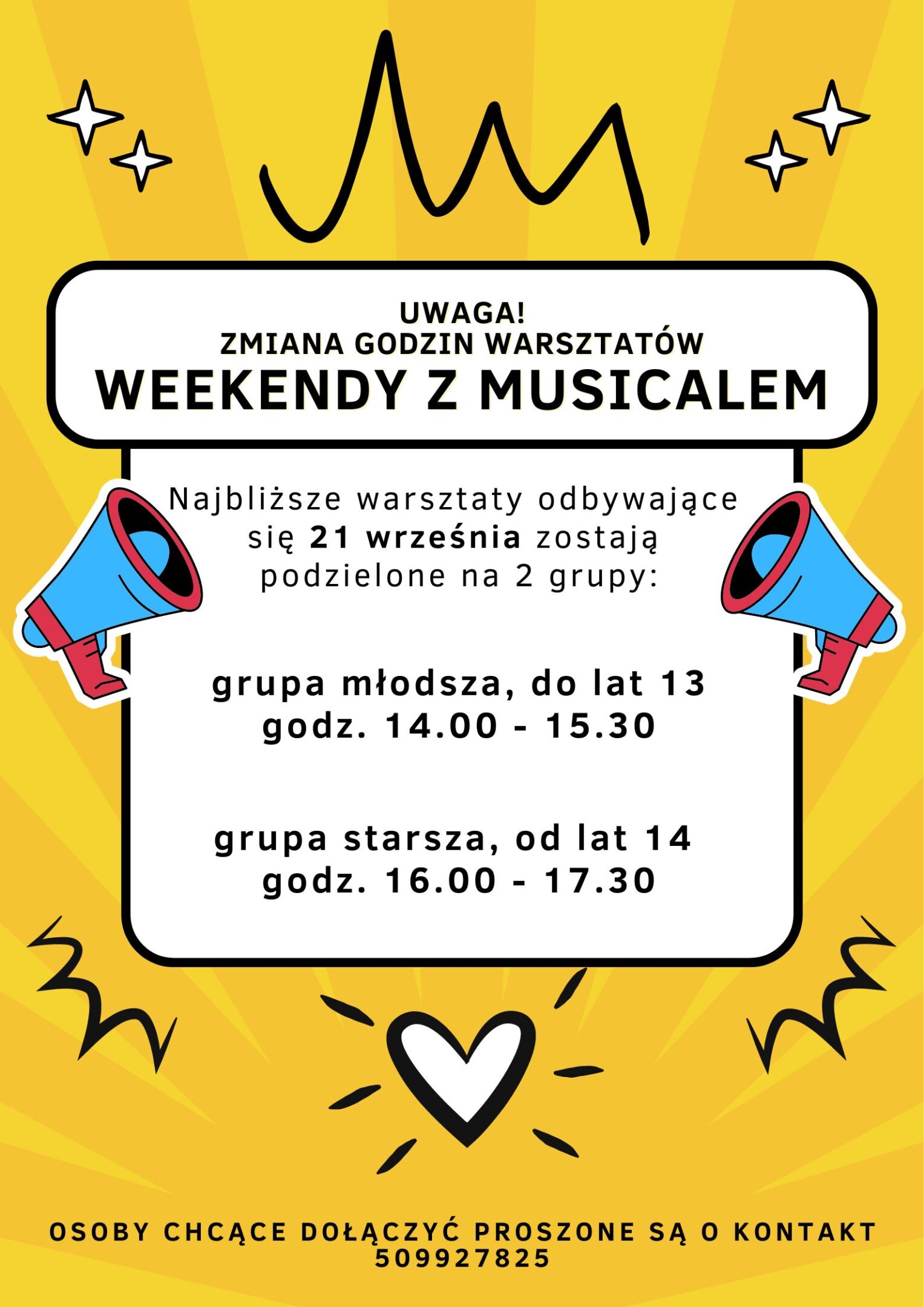 Grafika informująca o zmianie godzin warsztatów „Weekendy z musicalem”