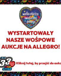 Grafika informująca o starcie aukcji charytatywnych na Allegro w ramach 33 Finału Wielkiej Orkiestry Świątecznej Pomocy