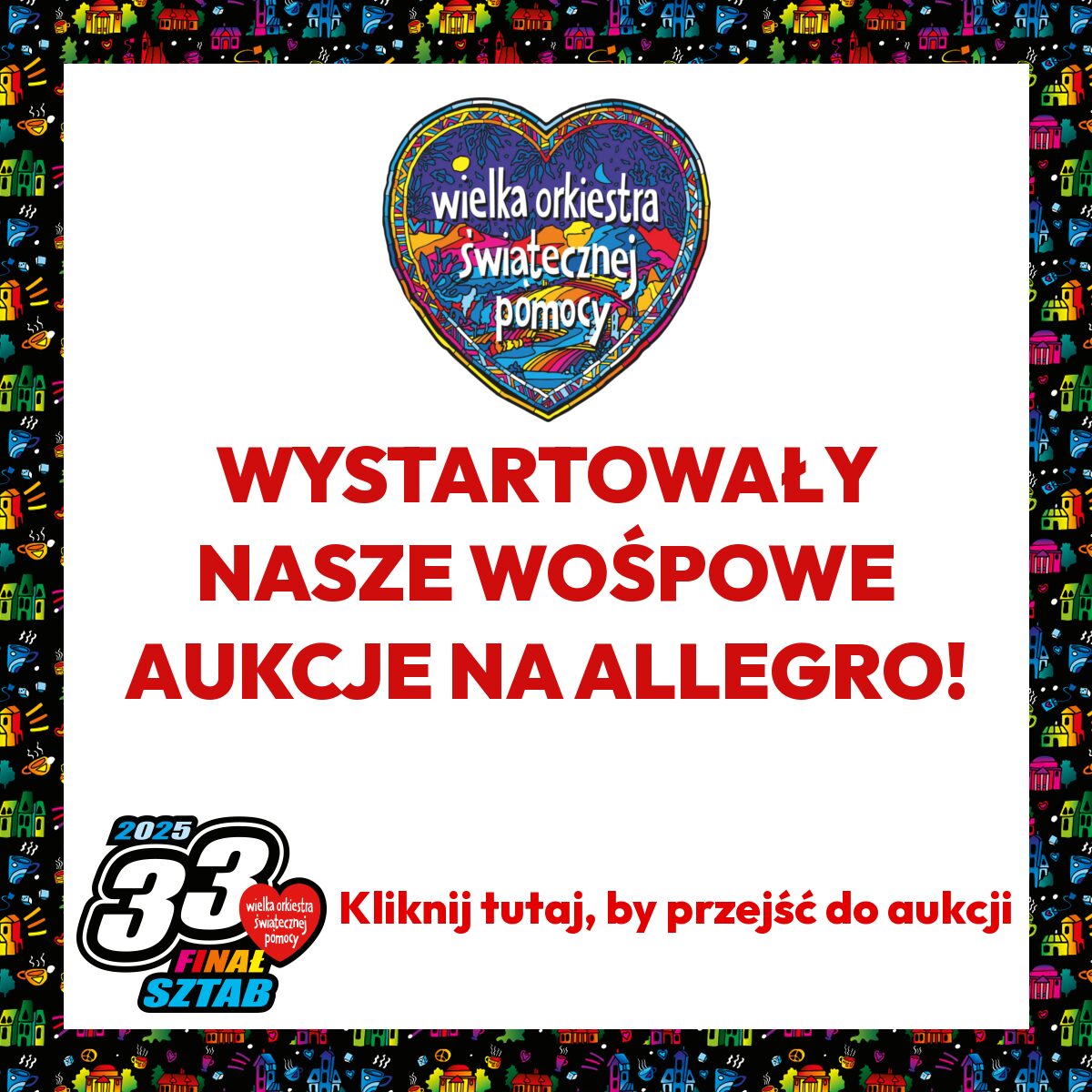 Grafika informująca o starcie aukcji charytatywnych na Allegro w ramach 33 Finału Wielkiej Orkiestry Świątecznej Pomocy