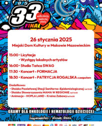 Plakat wydarzeń organizowanych w ramach 33 Finału Wielkiej Orkiestry Świątecznej Pomocy