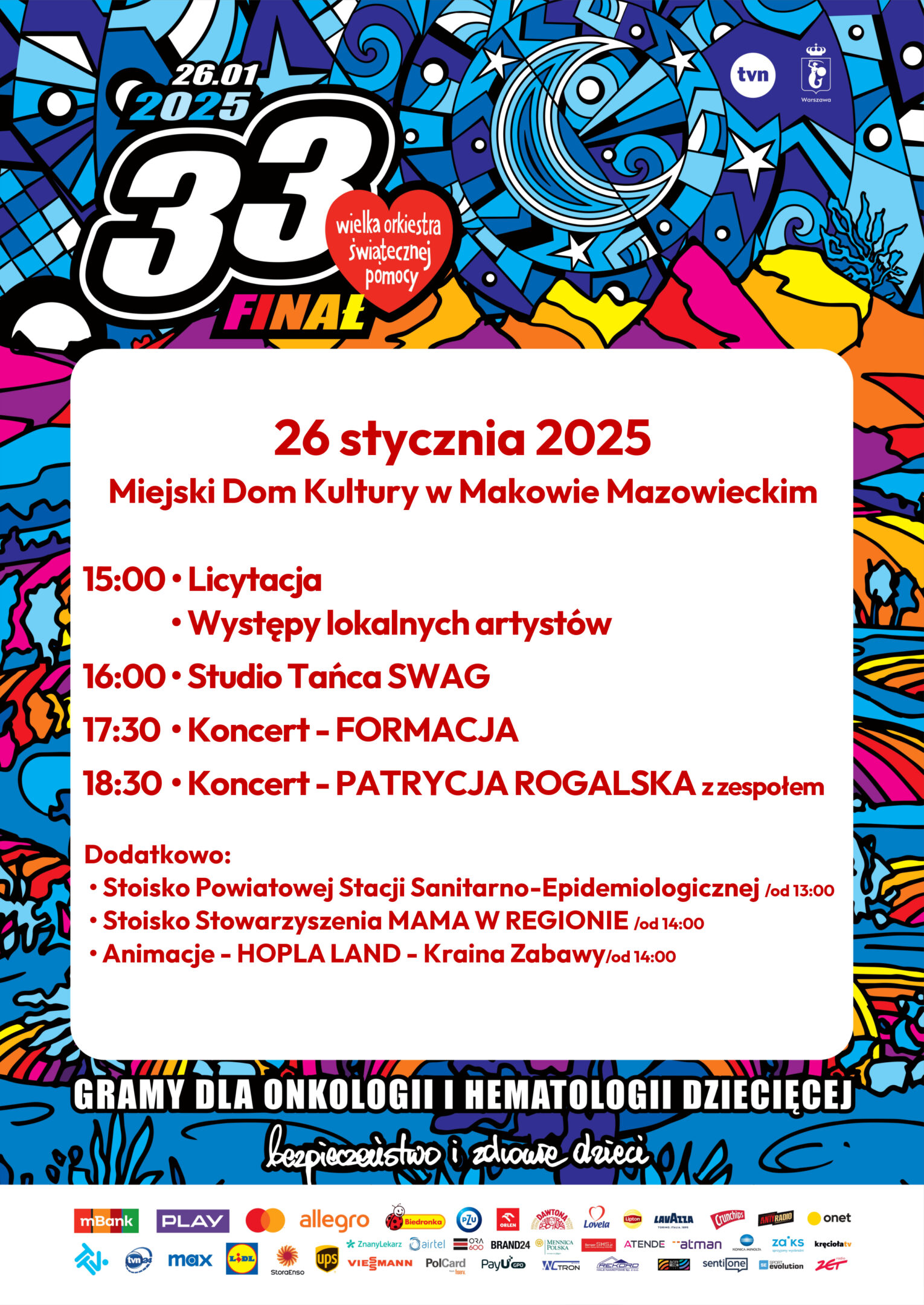 Plakat wydarzeń organizowanych w ramach 33 Finału Wielkiej Orkiestry Świątecznej Pomocy