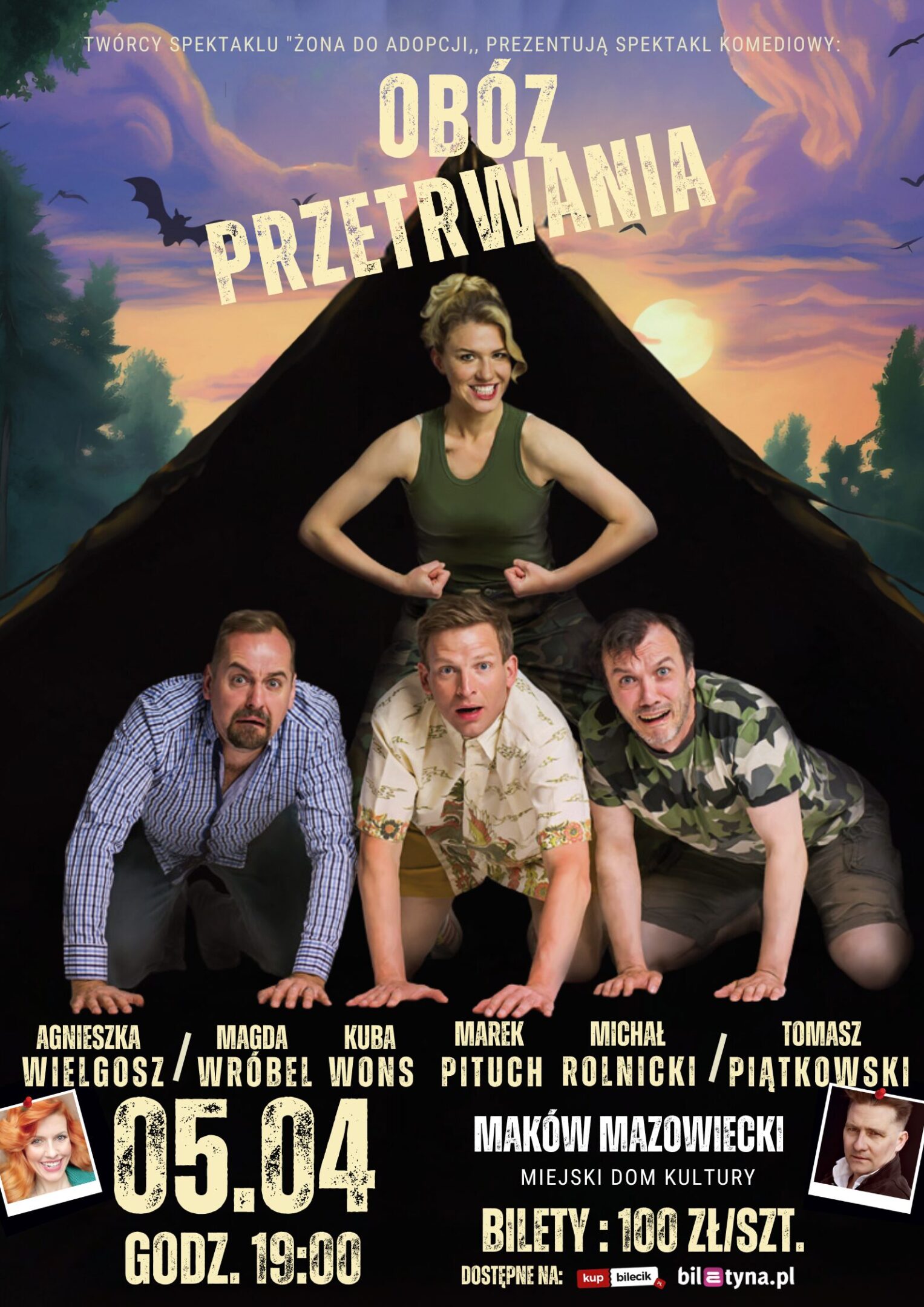 Plakat spektaklu komediowego „Obóz przetrwania”, który odbędzie się 5 kwietnia o godzinie 19:00 w Miejskim Domu Kultury w Makowie Mazowieckim. Bulety 100 zł, biuro MDK, Kasa Kina mazowsze, bietyna i kupbilecik.