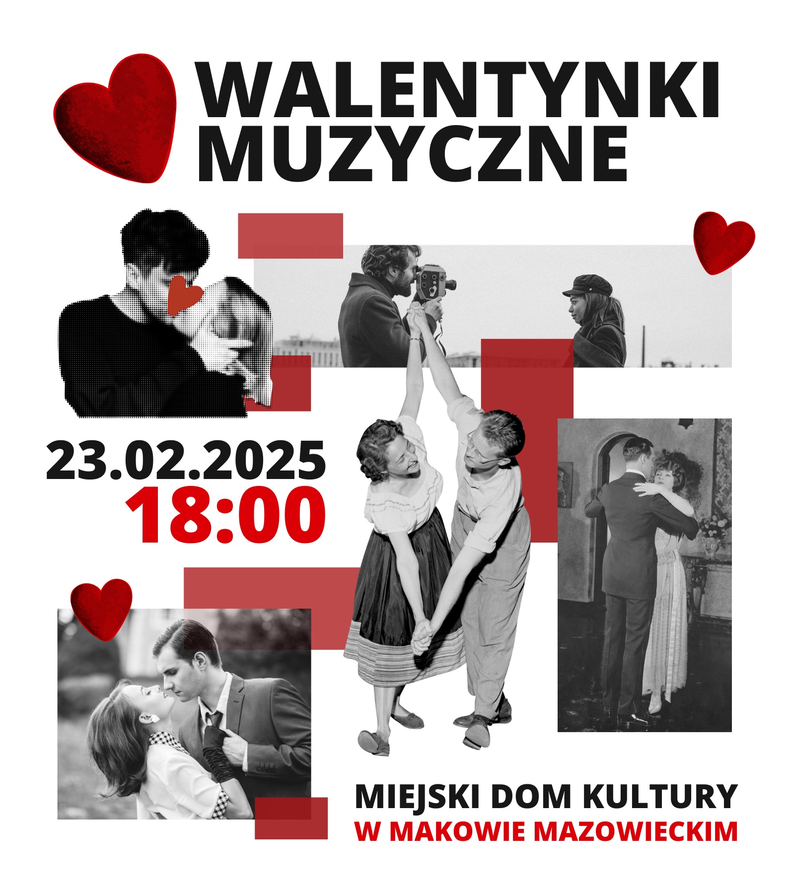 Grafika promocyjna koncertu „Walentynki Muzyczne”, który odbędzie się 23 lutego o godzinie 18:00 w Miejskim Domu Kultury w Makowie Mazowieckim.