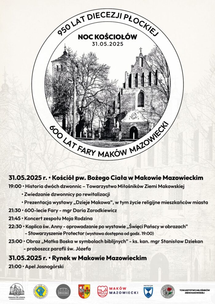 Serdecznie zapraszamy mieszkańców Makowa Mazowieckiego oraz gości na „Noc Kościołów”, która odbędzie się w Parafii św. Józefa 31 maja 2025 r.Wydarzenie organizowane jest w ramach jubileuszu 950 – lecia Diecezji Płockiej.
„Noc Kościołów” to wyjątkowy czas, kiedy wybrane, rzymskokatolickie budowle sakralne w Diecezji Płockiej udostępniają swoje wnętrza. Ideą jest, by na poziomie lokalnym pokazać ludziom wpływ Kościoła na rozwój nie tylko duchowości, lecz także sztuki i całej szeroko pojętej kultury.
Akcja jest kierowana do wszystkich: wierzących, jak i osób niekoniecznie identyfikujących się z katolicyzmem, jednak chcących poznać historyczny, głównie materialny dorobek wierzących Polaków.