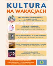 Plakat wydarzeń skierowanych do dzieci w ramach akcji „Kultura na wakacjach”.