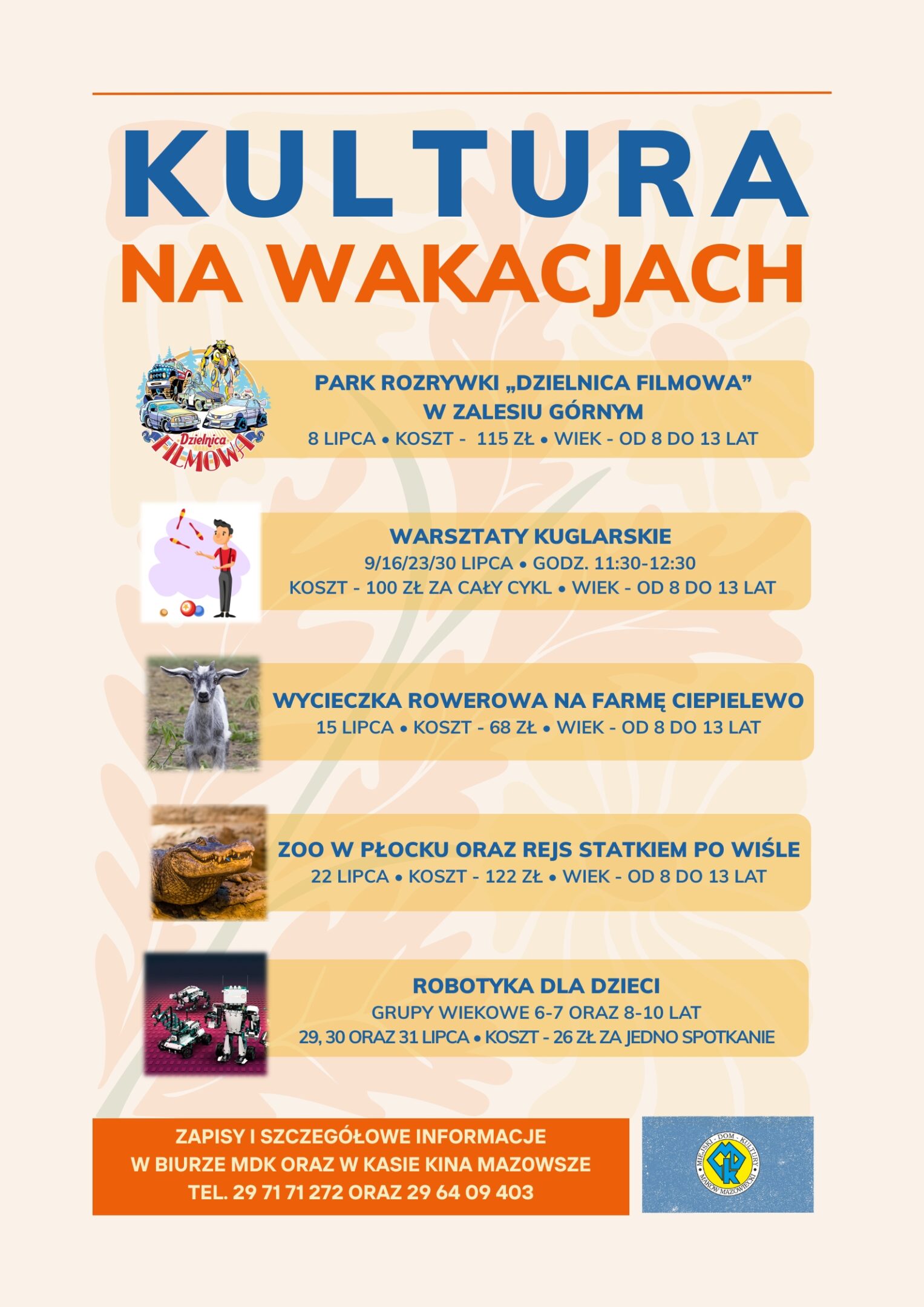 Plakat wydarzeń skierowanych do dzieci w ramach akcji „Kultura na wakacjach”.