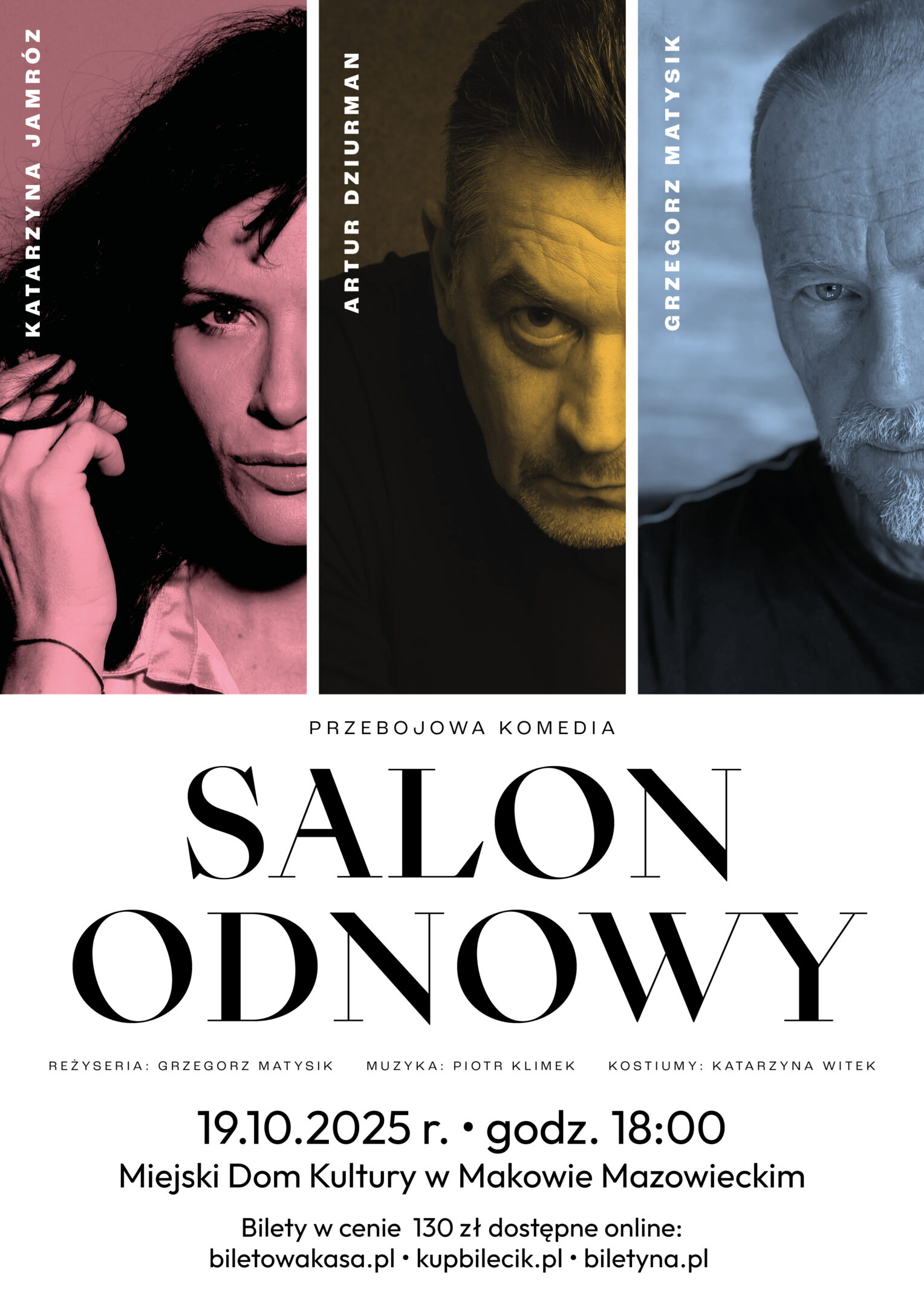 Plakat spektaklu „Salon odnowy”, który odbędzie się 19 października 2025 roku w Miejskim Domu Kultury w Makowie Mazowieckim