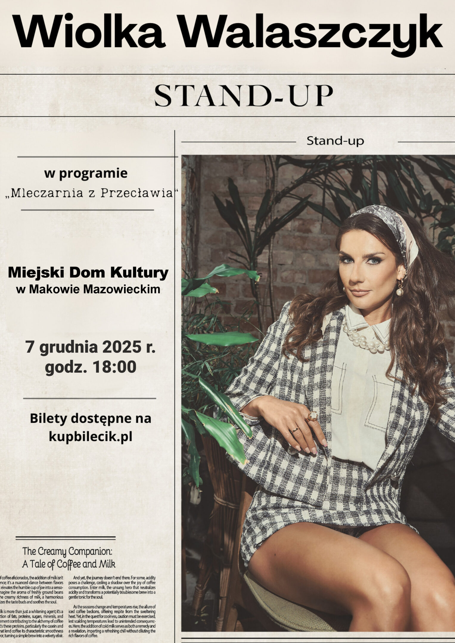 Plakat programu stand-upowego Wiolki Walaszczyk, który odbędzie się 16 listopada o godzinie 18:00 w Miejskim Domu Kultury w Makowie Mazowieckim