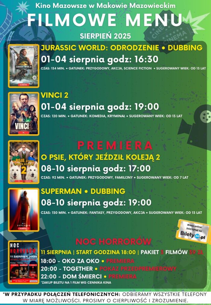 Filmowe menu na sierpień 2025 Bilety online https://www.bilety24.pl/obiekt/kino-mazowsze-w-makowie-mazowieckim-975.html