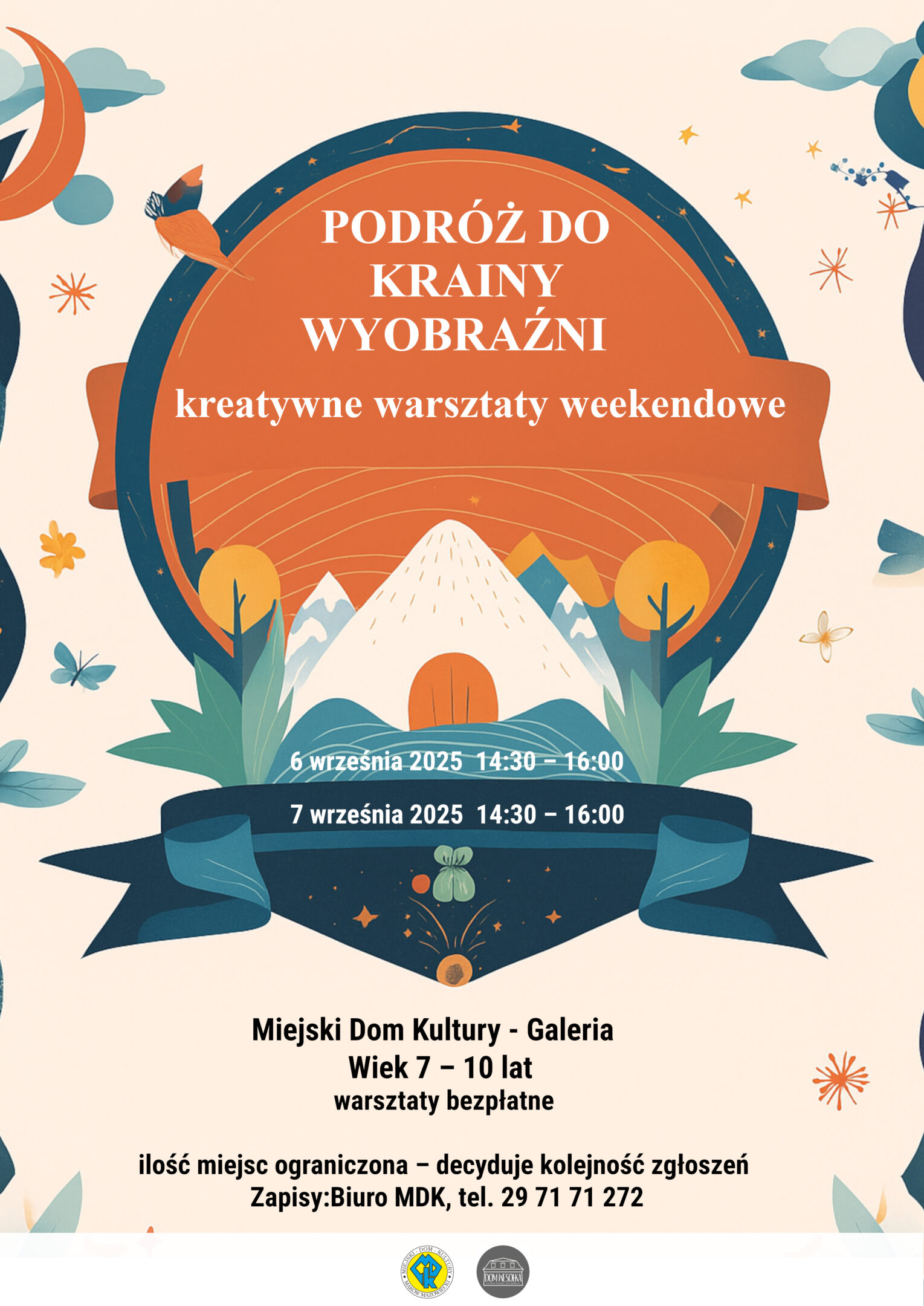 Plakat warsztatów zatytułowanych „Podróż do krainy wyobraźni”