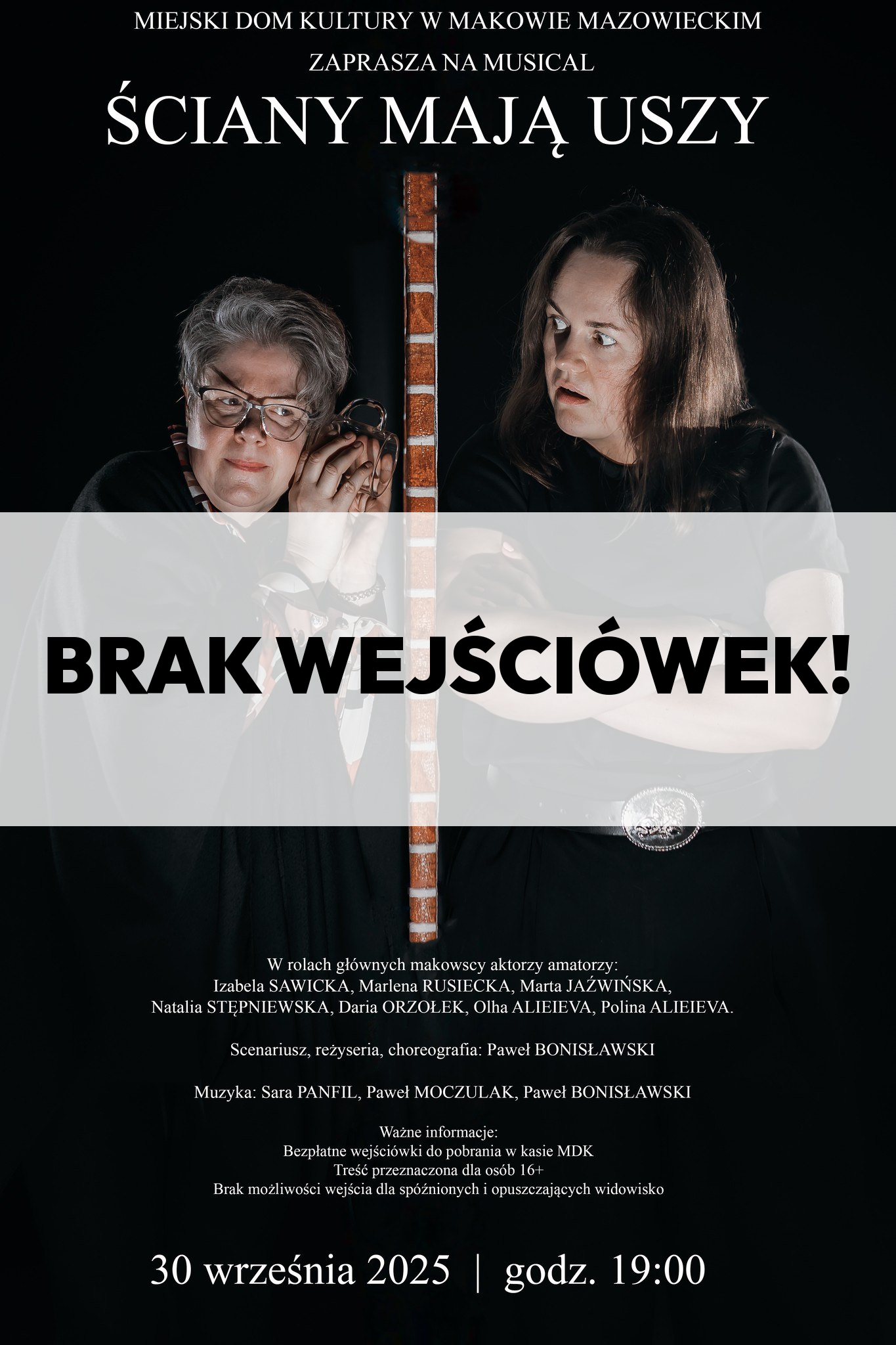 Grafika informująca o braku wejściówek na musical SCIANY MAJĄ USZY.