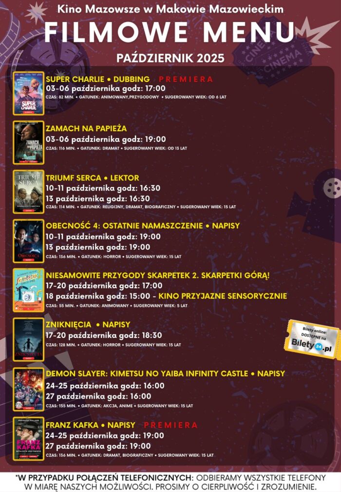 Filmowe menu na październik 2025 Bilety online https://www.bilety24.pl/obiekt/kino-mazowsze-w-makowie-mazowieckim-975.html