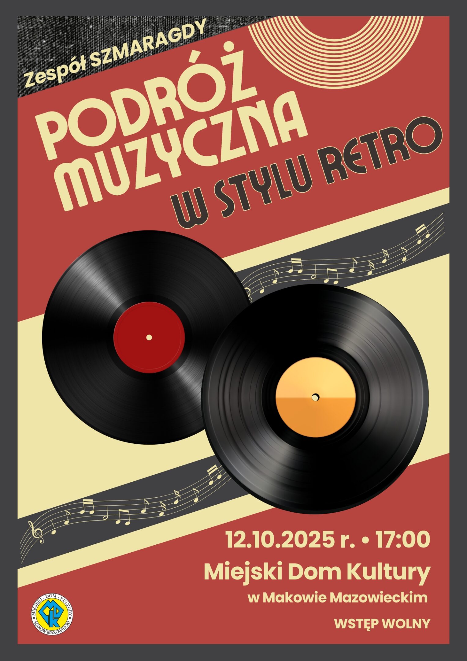 Plakat koncertu „Podróż muzyczna w stylu retro” Zespołu Szmaragdy, który odbędzie się w MDK 12 października o godzinie 17.
