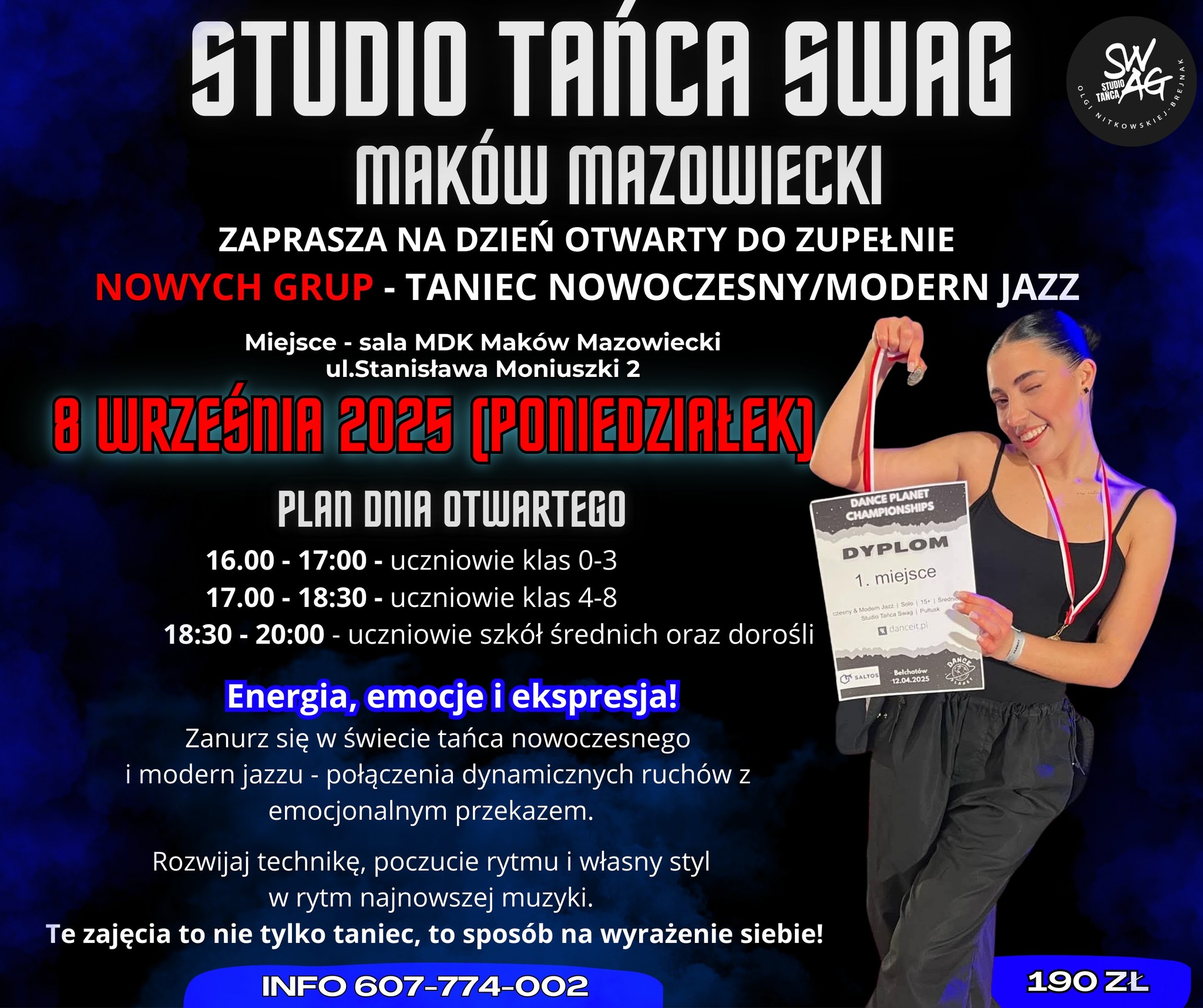 Grafika informująca o tanecznym dniu otwartym Studio Tańca SWAG