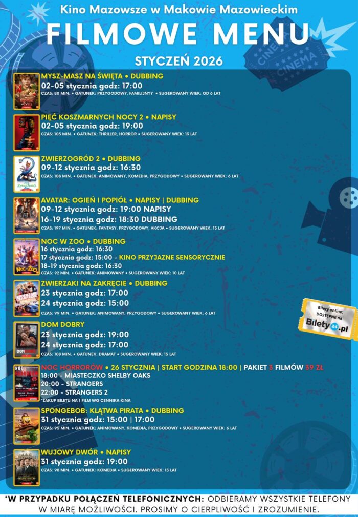 Filmowe menu na STYCZEŃ 2026 Bilety online https://www.bilety24.pl/obiekt/kino-mazowsze-w-makowie-mazowieckim-975.html
