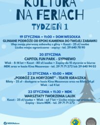 Plakat działań zaplanowanych przez MDK i Dom Wesołka w ramach tegorocznych ferii.