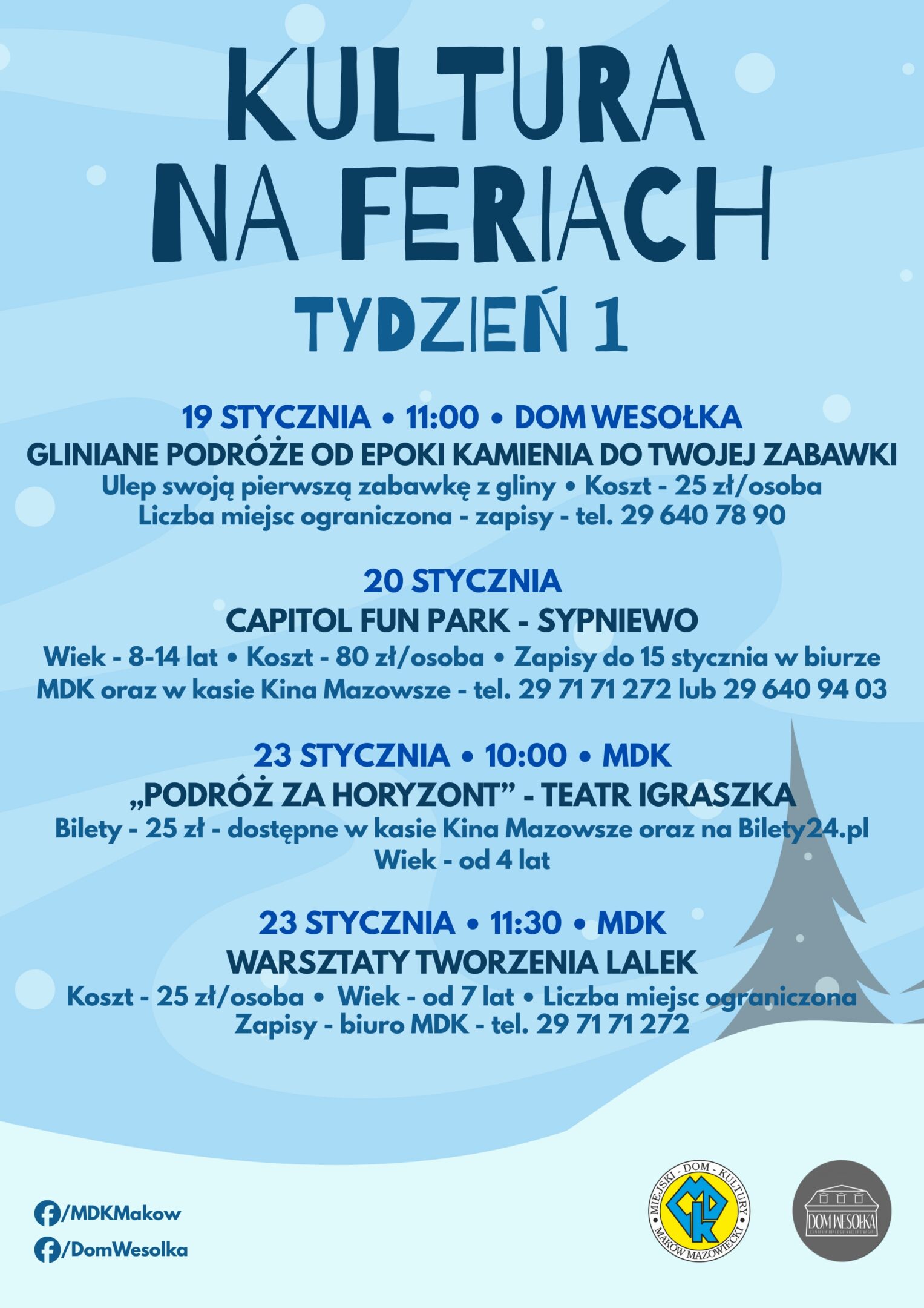 Plakat działań zaplanowanych przez MDK i Dom Wesołka w ramach tegorocznych ferii.