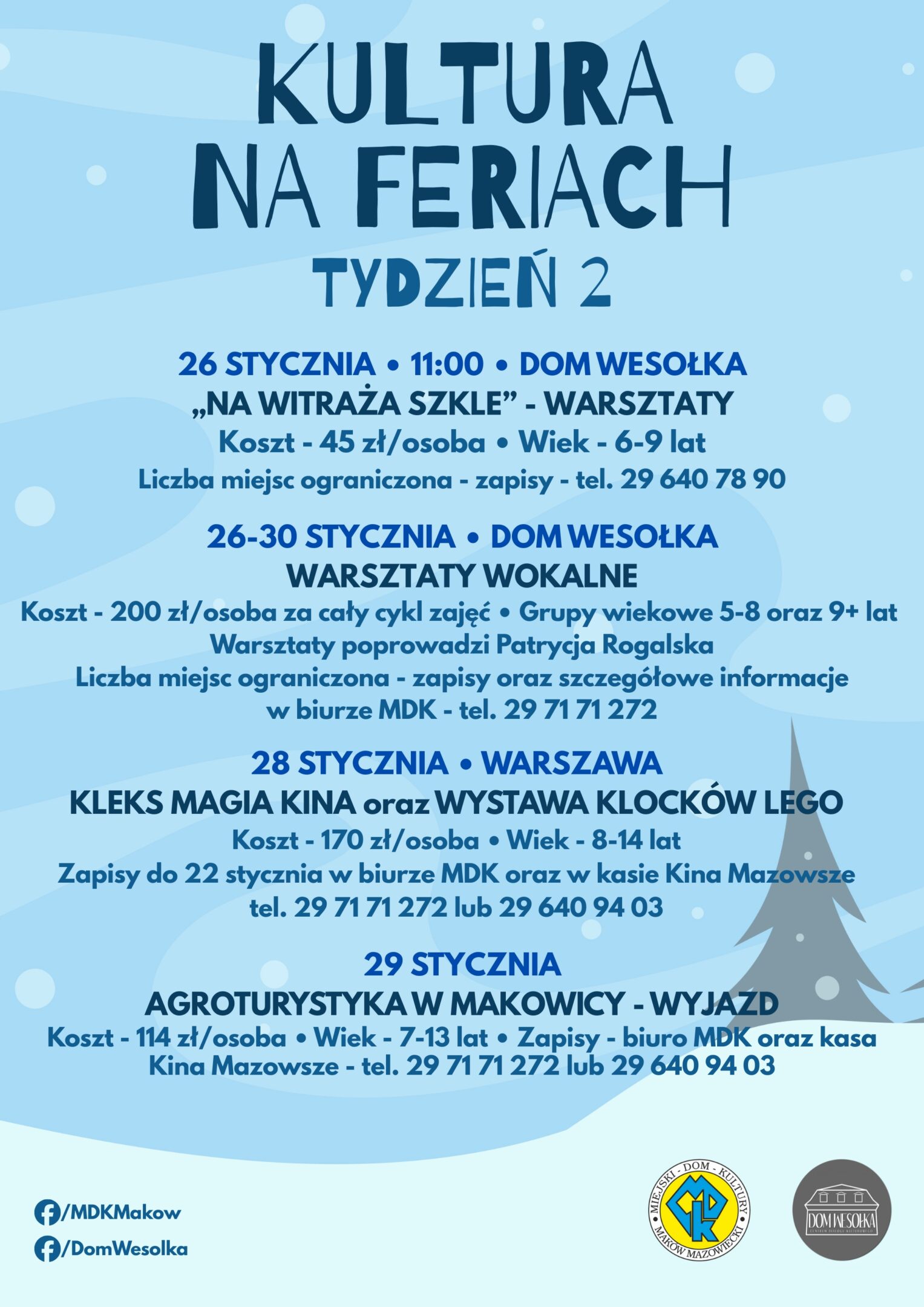 Plakat działań zaplanowanych przez MDK i Dom Wesołka w ramach tegorocznych ferii.