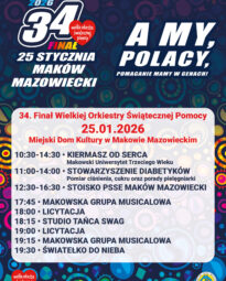 Plakat z programem wydarzeń w ramach 34. Finału WOŚP w MDK w Makowie Mazowieckim