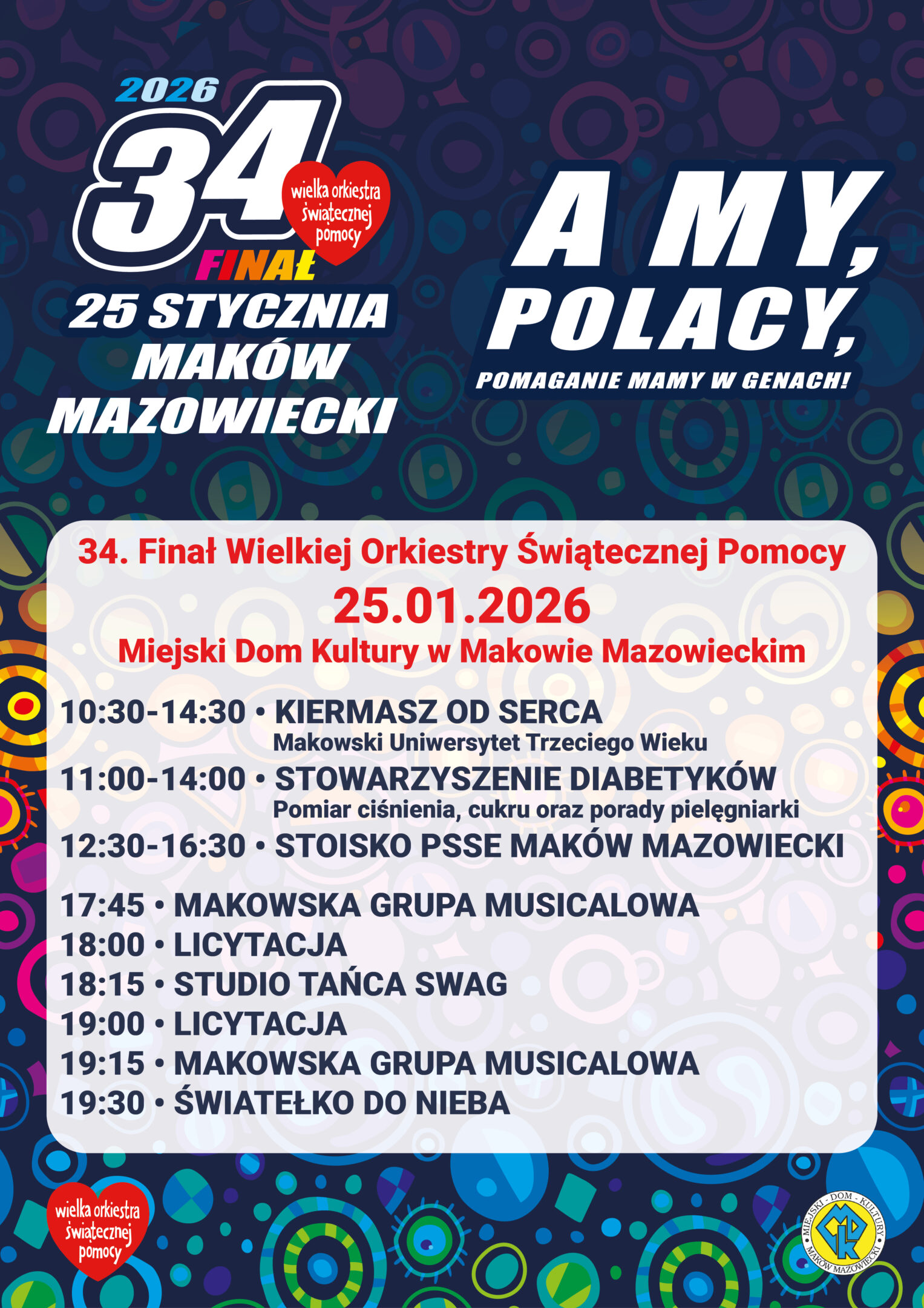 Plakat z programem wydarzeń w ramach 34. Finału WOŚP w MDK w Makowie Mazowieckim