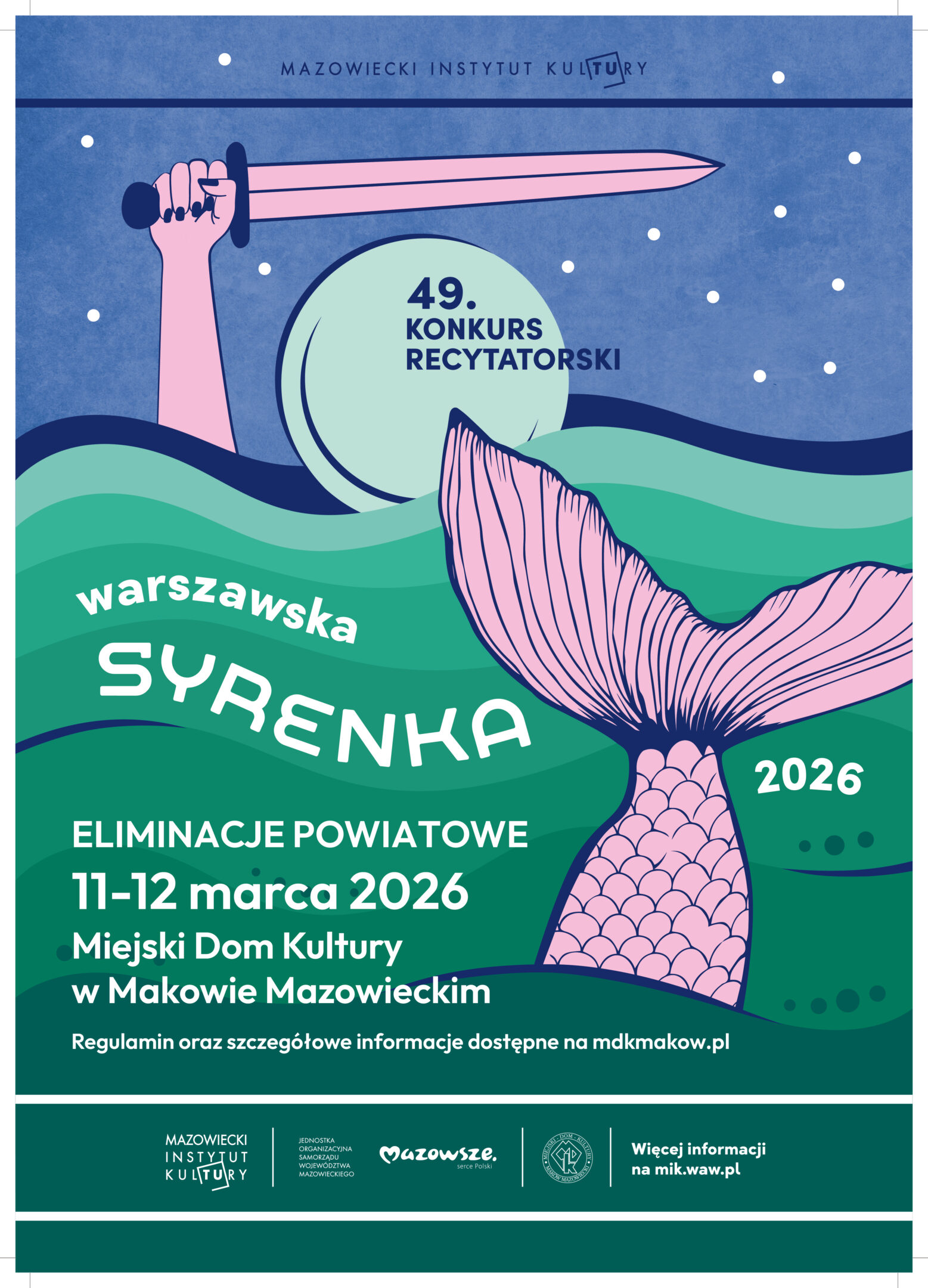 Plakat eliminacji powiatowych konkursu recytatorskiego Warszawska Syrenka