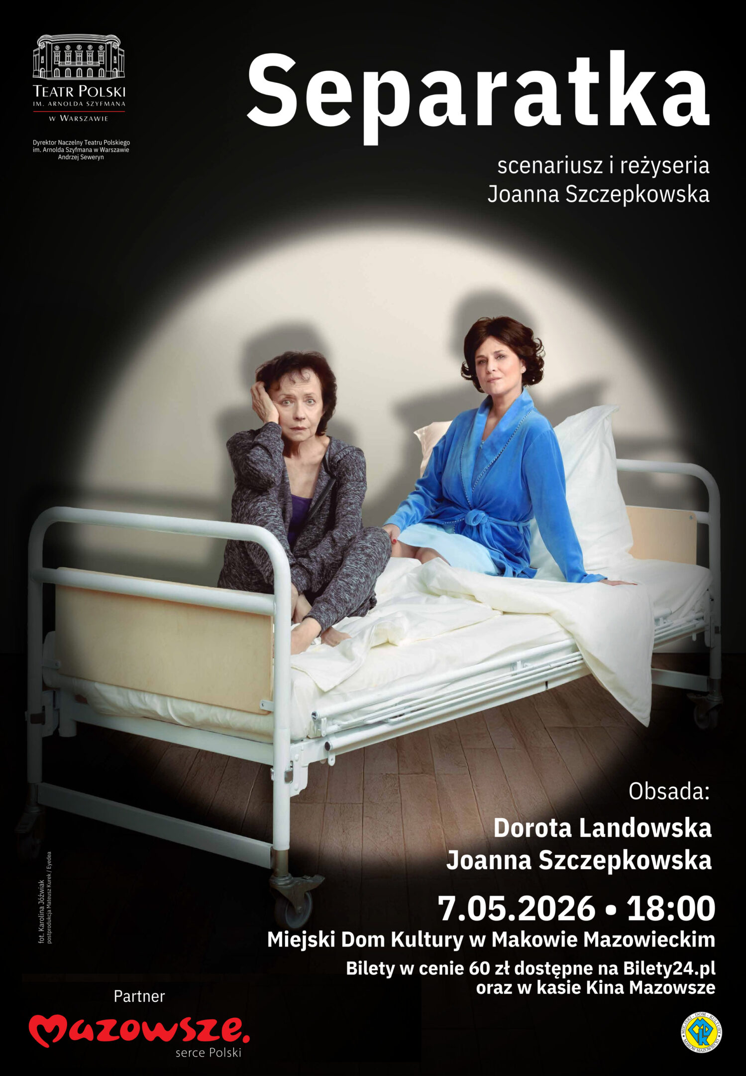 Plakat spektaklu SEPARATKA, przedstawiający dwie aktorki siedzące na łóżku.