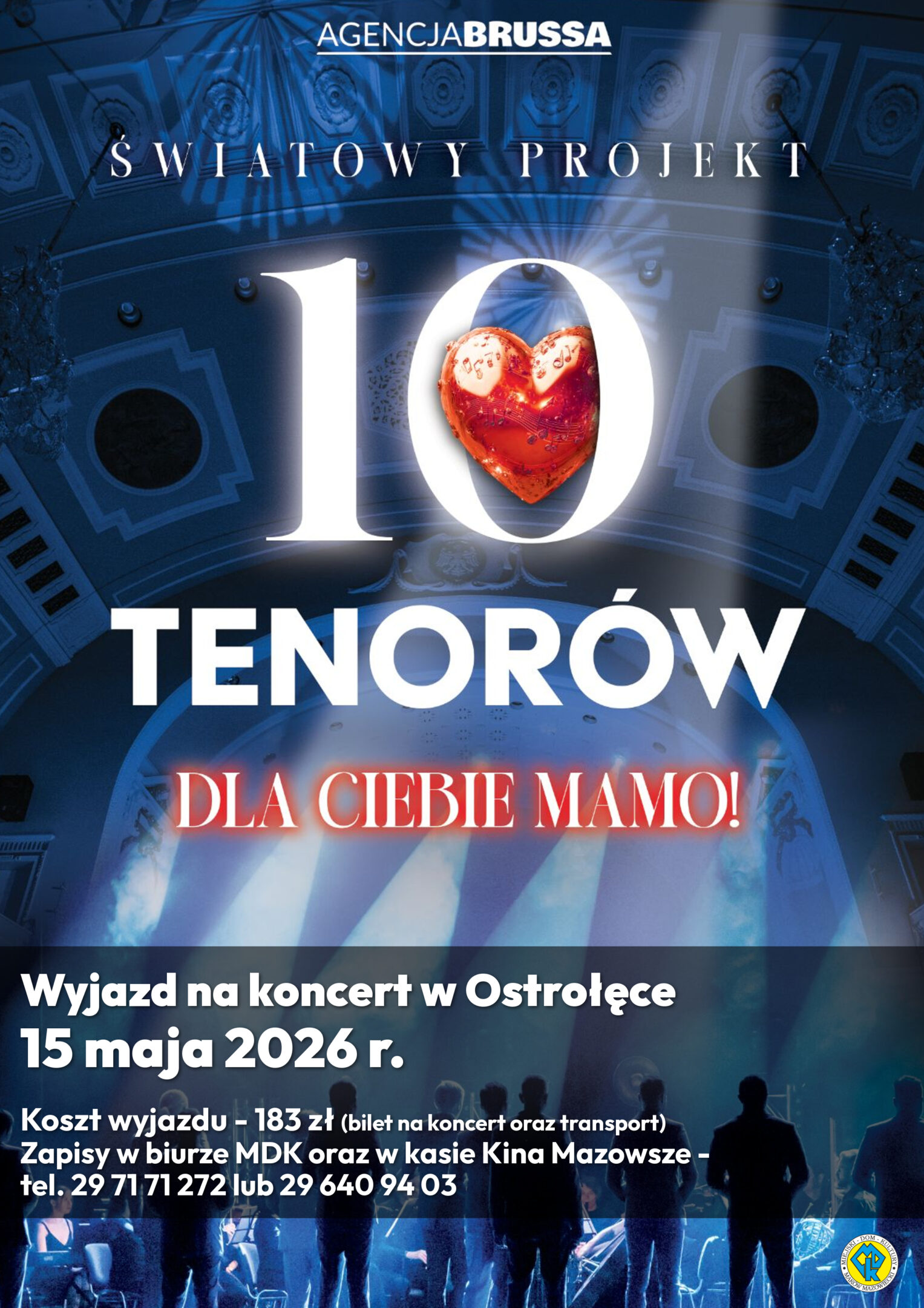Plakat wyjazdu na koncert 10 Tenorów w Ostrołęce, który odbędzie się 16 maja 2026 roku.