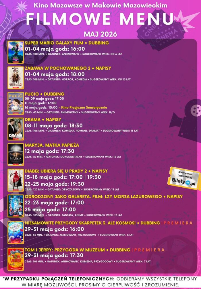 Filmowe menu na maj 2026 Bilety online https://www.bilety24.pl/obiekt/kino-mazowsze-w-makowie-mazowieckim-975.html