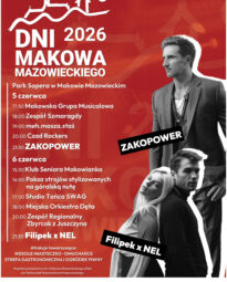 Grafika przedstawia plakat Dni Makowa Mazowieckiego 2026. Oprócz programu na czerwonym tle widoczne są zdjęcia artystów - Sebastiana Karpiela-Bułecki z zespołu Zakopower oraz Filipka i NEL.