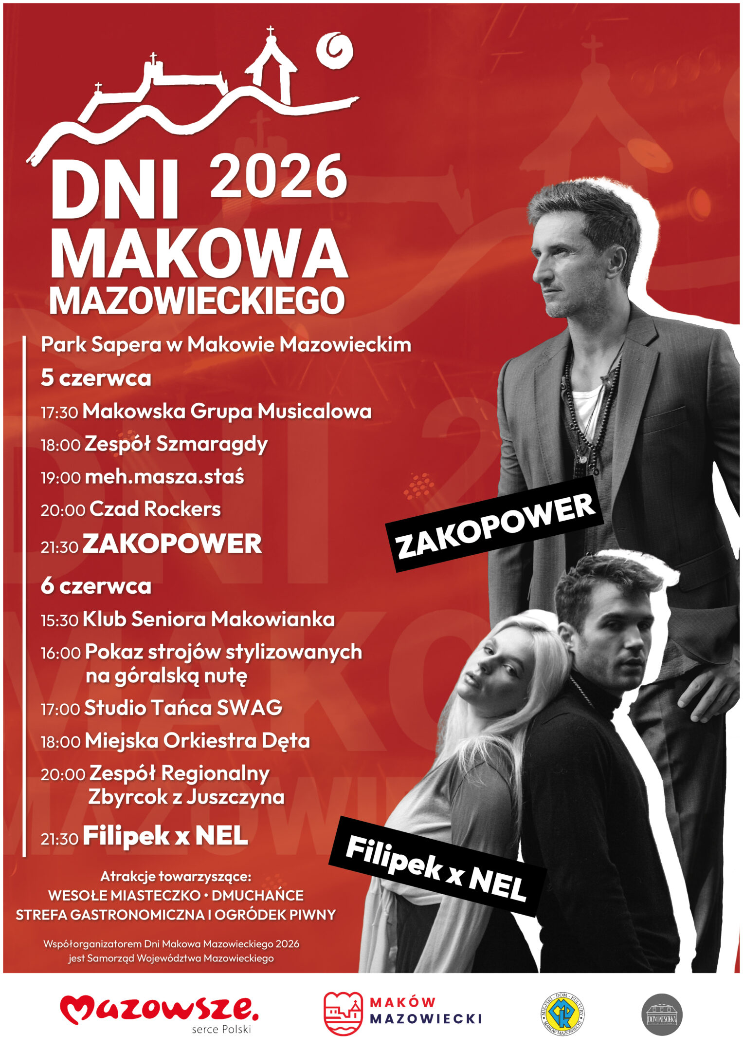 Grafika przedstawia plakat Dni Makowa Mazowieckiego 2026. Oprócz programu na czerwonym tle widoczne są zdjęcia artystów - Sebastiana Karpiela-Bułecki z zespołu Zakopower oraz Filipka i NEL.