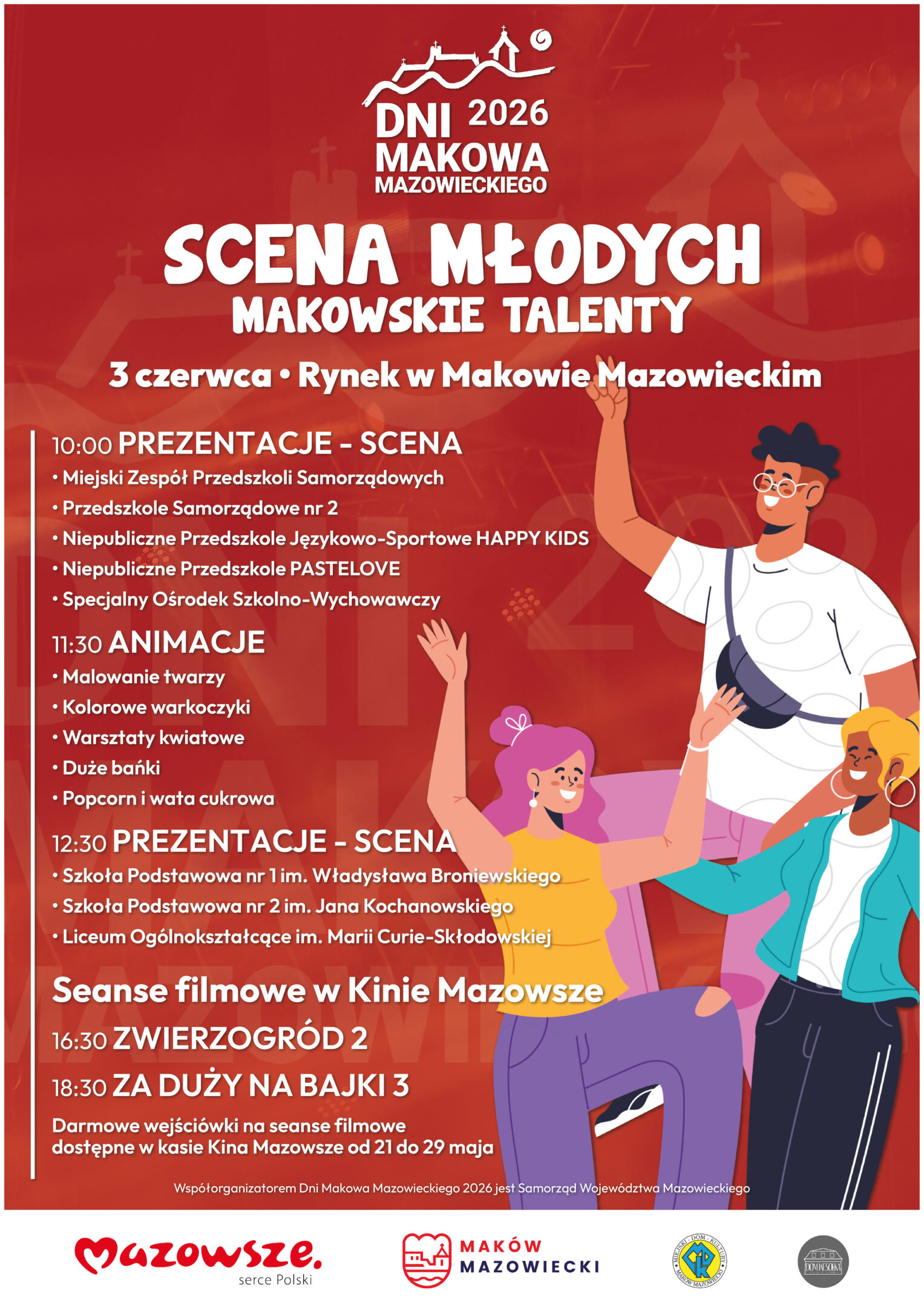 Plakat przedstawia program wydarzenia pod nazwą Scena Młodych organizowanego w ramach Dni Makowa Mazowieckigeo 2026. Oprócz programu widoczne są ilustracje przedstawiające dwie młode kobiety oraz śniadego mężcyznę.